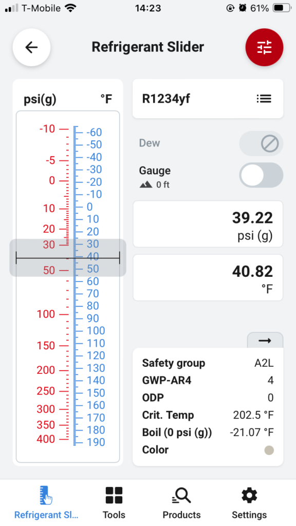 R1234yf refrigerant properties and pressure-temperature chart in the Danfoss RefTools application