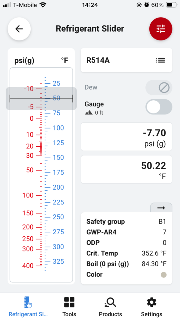 R514A refrigerant properties and pressure-temperature chart in the Danfoss RefTools application