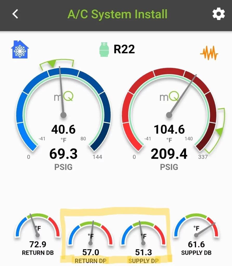 Measurequick app showing return and supply DP