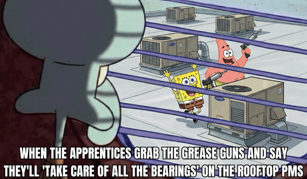 SpongeBob meme about HVAC technicians using the grease gun incorrectly
