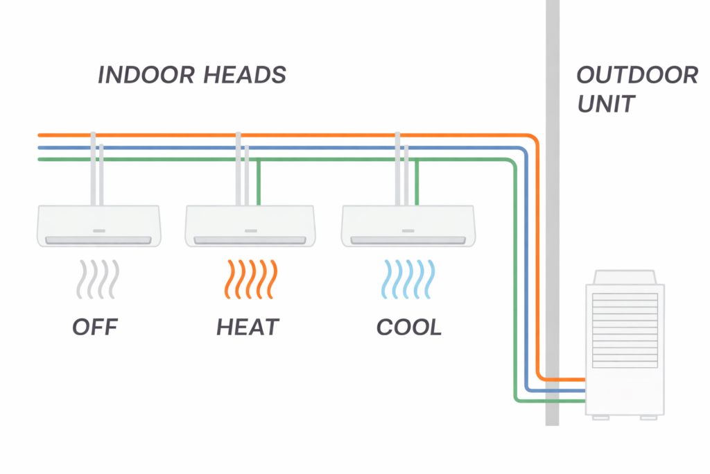 Three-pipe VRF heat recovery system diagram showing three indoor heads (off, heating, and cooling modes) connected to a single outdoor unit via three refrigerant lines for simultaneous heating and cooling.