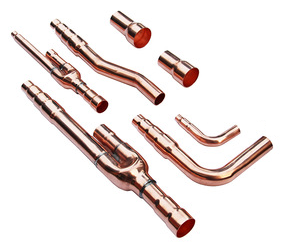 Collection of copper VRF refnet branch fittings and tees in various sizes used for refrigerant distribution in VRF piping networks.